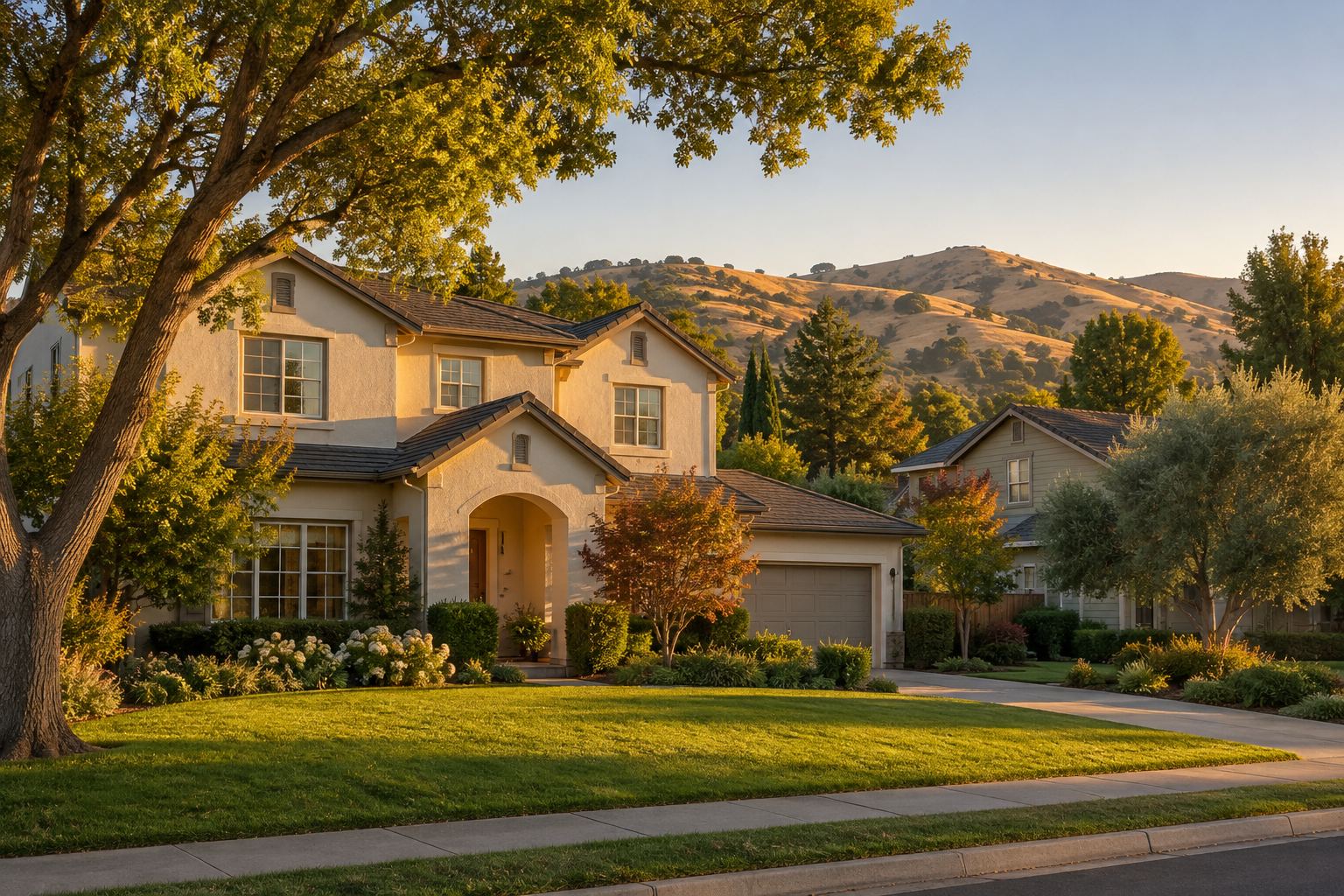 A brick Bay Area home with a tree lined yard, illustrative