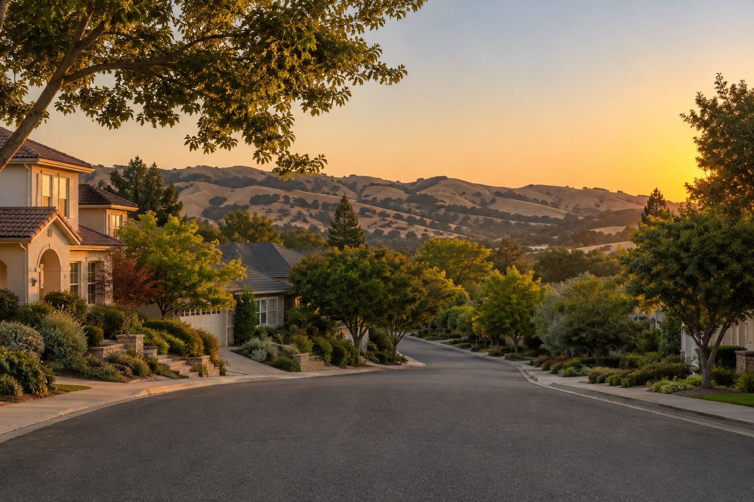 A Hayward residential street at sunset, illustrative