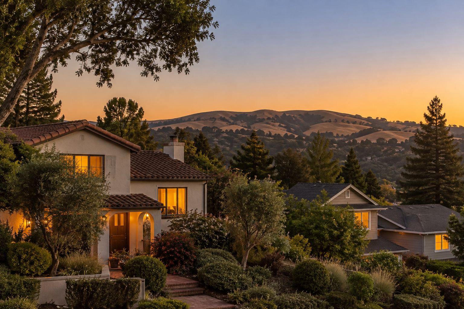 A the Bay Area home at dusk, illustrative