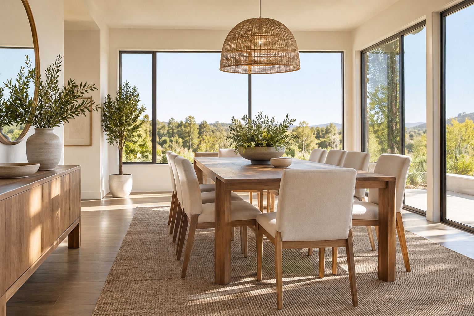 A bright dining room, illustrative